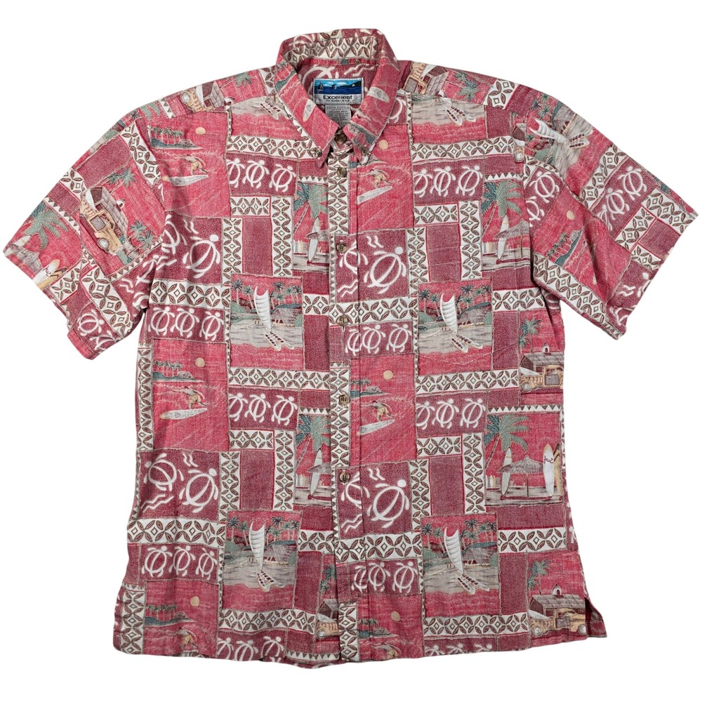 VTG Excellent of Hawaii Mens M Red Turtle Surf Sail Scene Aloha Shirt Cotton USA